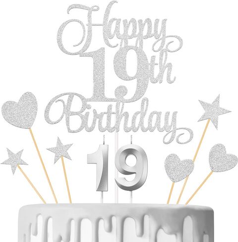 19th Birthday Cake Decorations, 19th Birthday Candles Cake Numeral Candles and Glitter Happy 19th Birthday Cake Toppers Set for Birthday Party Supplies (Silver) in Saudi Arabia