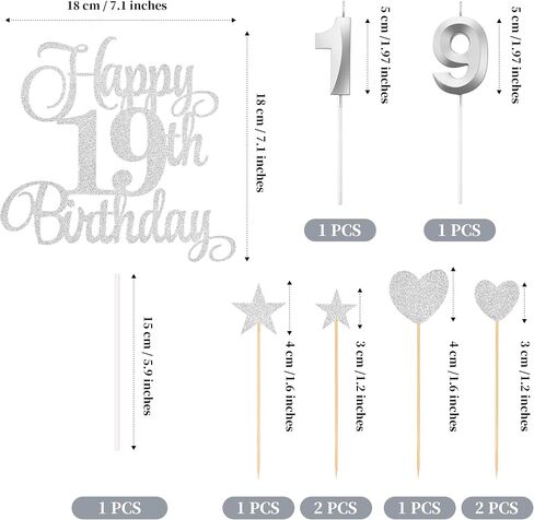 19th Birthday Cake Decorations, 19th Birthday Candles Cake Numeral Candles and Glitter Happy 19th Birthday Cake Toppers Set for Birthday Party Supplies (Silver) in Saudi Arabia