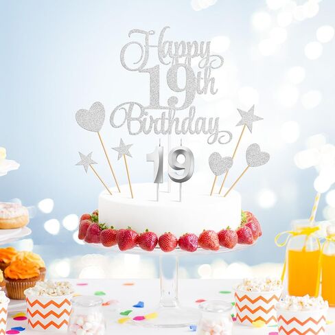 19th Birthday Cake Decorations, 19th Birthday Candles Cake Numeral Candles and Glitter Happy 19th Birthday Cake Toppers Set for Birthday Party Supplies (Silver) in Saudi Arabia
