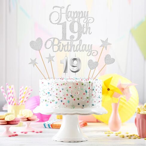 19th Birthday Cake Decorations, 19th Birthday Candles Cake Numeral Candles and Glitter Happy 19th Birthday Cake Toppers Set for Birthday Party Supplies (Silver) in Saudi Arabia