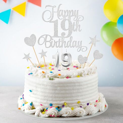 19th Birthday Cake Decorations, 19th Birthday Candles Cake Numeral Candles and Glitter Happy 19th Birthday Cake Toppers Set for Birthday Party Supplies (Silver) in Saudi Arabia