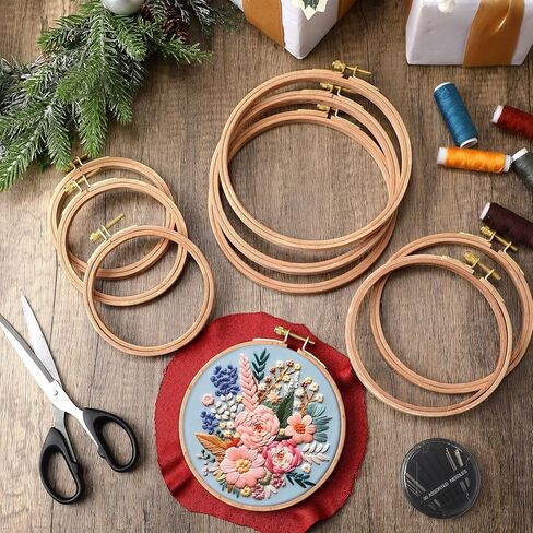 DoubleFill 9 Pcs Round Embroidery Hoops Sizes from 3.5 in to 5.3 in Frame Circle Rubber Hoops Ring Hanging Display Cross Stitch Ornament Gift Vintage Imitated Wood Frame Kits for Craft Sewing Gifts in Kuwait