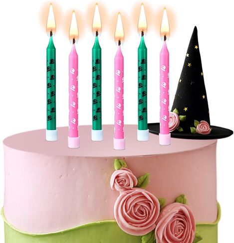 12 Pcs Pink and Green Birthday Candle Wizard Hat Print Themed Candle Cake Topper for Wizard Witch Theme Birthday Anniversary Celebrations Gender Reveal Party Supplies Decorations in Saudi Arabia