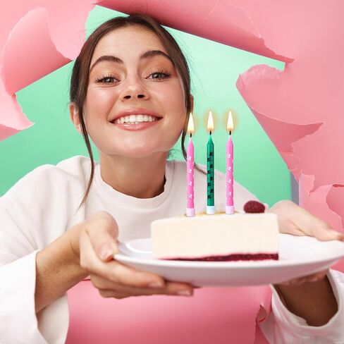 12 Pcs Pink and Green Birthday Candle Wizard Hat Print Themed Candle Cake Topper for Wizard Witch Theme Birthday Anniversary Celebrations Gender Reveal Party Supplies Decorations in Saudi Arabia