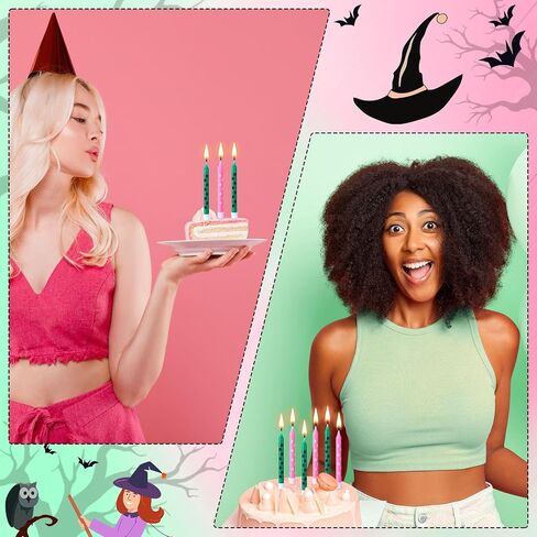 12 Pcs Pink and Green Birthday Candle Wizard Hat Print Themed Candle Cake Topper for Wizard Witch Theme Birthday Anniversary Celebrations Gender Reveal Party Supplies Decorations in Saudi Arabia