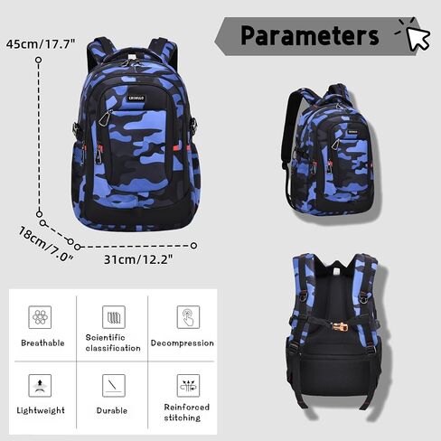 Camo School Backpack for Boys, Camouflage Bookbags Boys Backpack for Elementary Middle Junior High School Bag Kids, C-Camo Blue in Kuwait