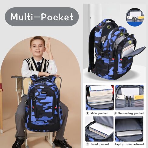Camo School Backpack for Boys, Camouflage Bookbags Boys Backpack for Elementary Middle Junior High School Bag Kids, C-Camo Blue in Kuwait