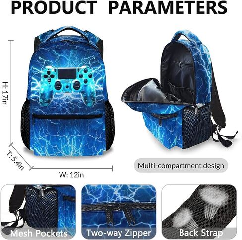 Backpack for Kids Boys Teens, Gamer Schoolbag Set with Lunch Bag Pencil Case for Kindergarten Elementary Primary Middle College, 17 Inch Lightweight Gaming Bookbag in Saudi Arabia
