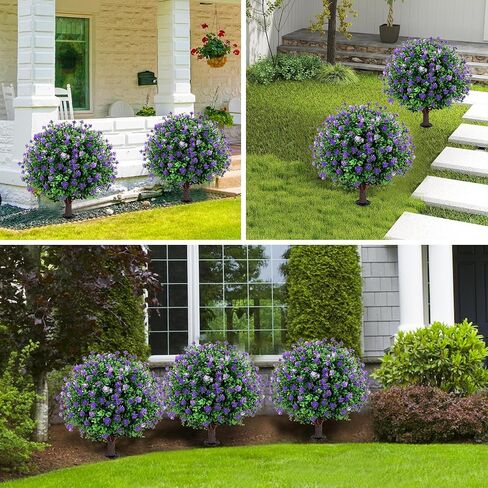 Artificial Red Rose Topiary Ball Tree 25" with Ground Spike, Set of 2 Artificial Boxwood Bushes for Faux Shrubs, Fake Evergreen Faux Plant for Indoor Outdoor Porch Garden -UV Resistant–Fade-Proof in Saudi Arabia