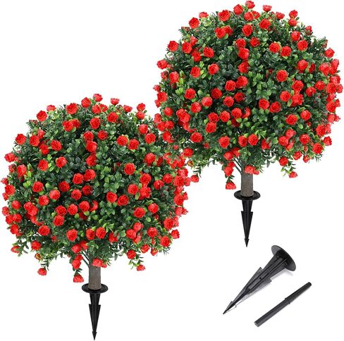 Artificial Red Rose Topiary Ball Tree 25" with Ground Spike, Set of 2 Artificial Boxwood Bushes for Faux Shrubs, Fake Evergreen Faux Plant for Indoor Outdoor Porch Garden -UV Resistant–Fade-Proof in Saudi Arabia