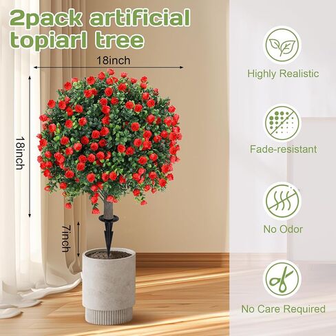 Artificial Red Rose Topiary Ball Tree 25" with Ground Spike, Set of 2 Artificial Boxwood Bushes for Faux Shrubs, Fake Evergreen Faux Plant for Indoor Outdoor Porch Garden -UV Resistant–Fade-Proof in Saudi Arabia