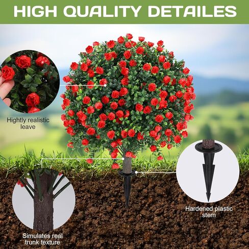 Artificial Red Rose Topiary Ball Tree 25" with Ground Spike, Set of 2 Artificial Boxwood Bushes for Faux Shrubs, Fake Evergreen Faux Plant for Indoor Outdoor Porch Garden -UV Resistant–Fade-Proof in Saudi Arabia