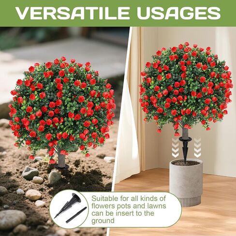 Artificial Red Rose Topiary Ball Tree 25" with Ground Spike, Set of 2 Artificial Boxwood Bushes for Faux Shrubs, Fake Evergreen Faux Plant for Indoor Outdoor Porch Garden -UV Resistant–Fade-Proof in Saudi Arabia