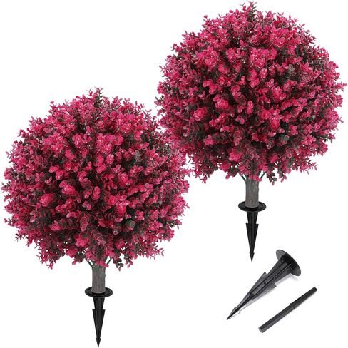 Artificial Red Rose Topiary Ball Tree 25" with Ground Spike, Set of 2 Artificial Boxwood Bushes for Faux Shrubs, Fake Evergreen Faux Plant for Indoor Outdoor Porch Garden -UV Resistant–Fade-Proof in Saudi Arabia