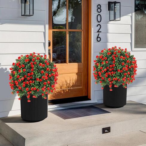 Artificial Red Rose Topiary Ball Tree 25" with Ground Spike, Set of 2 Artificial Boxwood Bushes for Faux Shrubs, Fake Evergreen Faux Plant for Indoor Outdoor Porch Garden -UV Resistant–Fade-Proof in Saudi Arabia