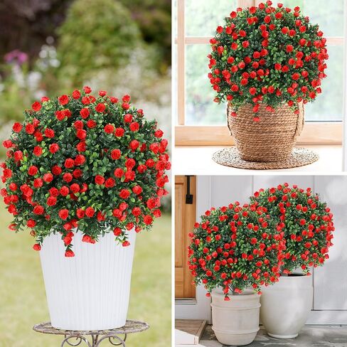 Artificial Red Rose Topiary Ball Tree 25" with Ground Spike, Set of 2 Artificial Boxwood Bushes for Faux Shrubs, Fake Evergreen Faux Plant for Indoor Outdoor Porch Garden -UV Resistant–Fade-Proof in Saudi Arabia
