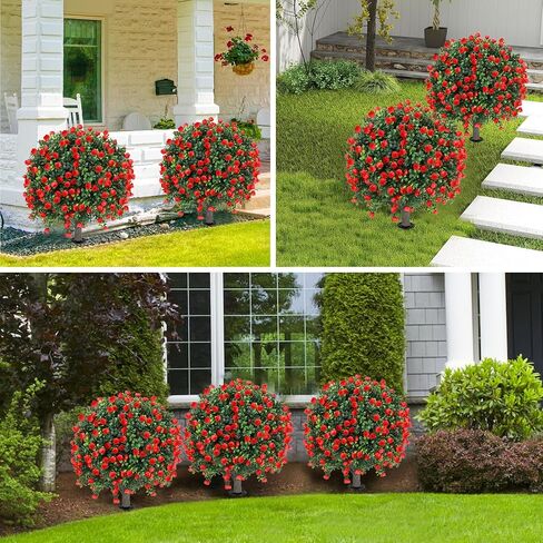 Artificial Red Rose Topiary Ball Tree 25" with Ground Spike, Set of 2 Artificial Boxwood Bushes for Faux Shrubs, Fake Evergreen Faux Plant for Indoor Outdoor Porch Garden -UV Resistant–Fade-Proof in Saudi Arabia