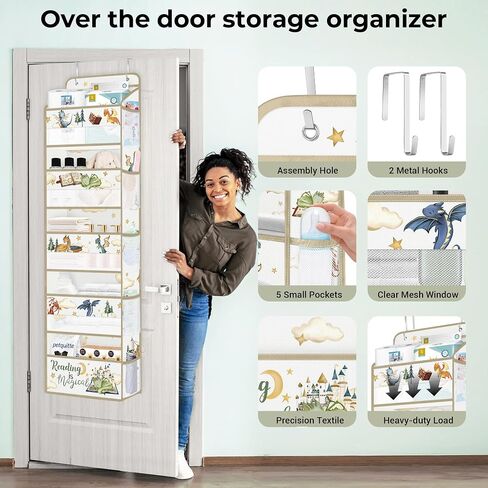 Clastyle Blue Dinosaur Kids Over the Door Organizer with 5 Large Pockets Nursery Hanging Storage Organizer Clothes Diaper Toy Claws Cave Closet Door Hanging Shelf Storage for Bedroom Bathroom Pantry in Saudi Arabia