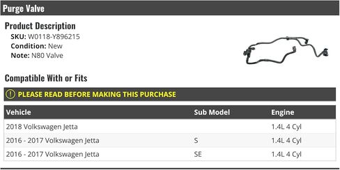 Purge Valve - N80 - Compatible with 2016-2018 Volkswagen Jetta 1.4L 4-Cylinder in Saudi Arabia