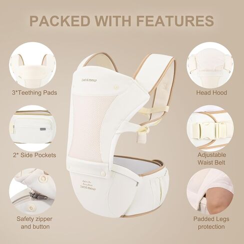Bebamour Baby Carrier with Hip Seat,All-Position Breathable Mesh Hip Seat & Carrier 0-36Months with Head Hood, 3 PCS Teething Pads, Waist Extender,Storage Bag & Pacifier Case,Black in Saudi Arabia