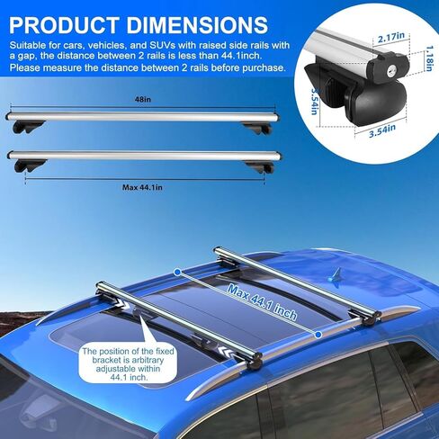 Universal Roof Rack Cross Bars, 48'' Adjustable Aluminum Lockable Crossbars with Dual Keys, Anti-Theft Roof Cargo Bars Fits Most Vehicles Existing Raised Side Rails with Gap, 200LBS Load in Kuwait