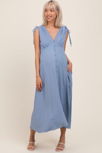 PinkBlush Button-Down Polka Dot Shirred Bow Maternity Midi Dress in Saudi Arabia