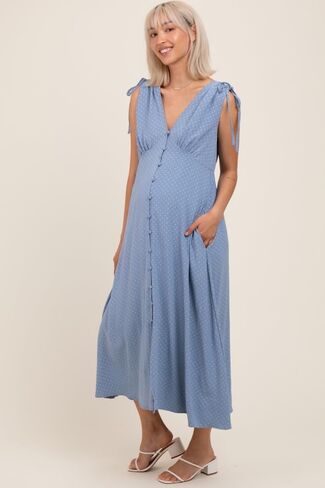 PinkBlush Button-Down Polka Dot Shirred Bow Maternity Midi Dress in Saudi Arabia