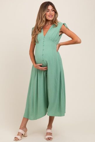 PinkBlush Button-Down Polka Dot Shirred Bow Maternity Midi Dress in Saudi Arabia