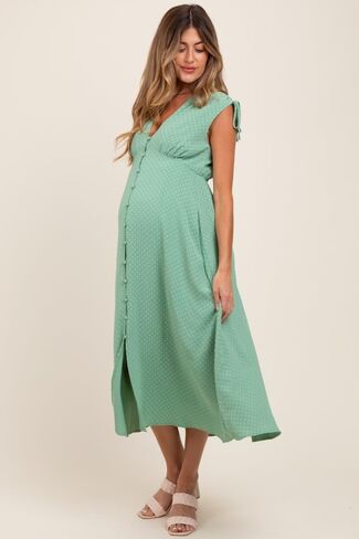 PinkBlush Button-Down Polka Dot Shirred Bow Maternity Midi Dress in Saudi Arabia
