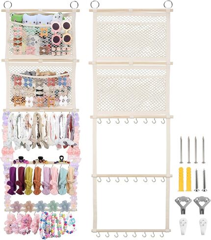 Headband Holder, 17x50in Bow Holder W/ 2 Mesh Pockets & 24 Metal Hooks, Bow Organizer for Girls Hair Clip Jewerly, Wall Hanging Hair Accessories Storage Hanger for Baby Toddler Nursery Decor(Beige) in Saudi Arabia