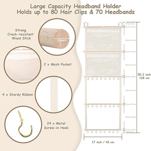 Headband Holder, 17x50in Bow Holder W/ 2 Mesh Pockets & 24 Metal Hooks, Bow Organizer for Girls Hair Clip Jewerly, Wall Hanging Hair Accessories Storage Hanger for Baby Toddler Nursery Decor(Beige) in Saudi Arabia