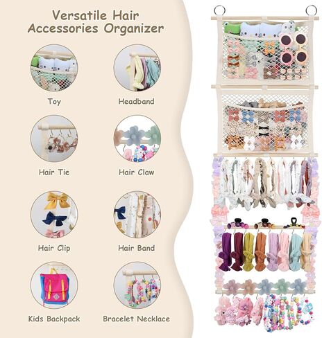 Headband Holder, 17x50in Bow Holder W/ 2 Mesh Pockets & 24 Metal Hooks, Bow Organizer for Girls Hair Clip Jewerly, Wall Hanging Hair Accessories Storage Hanger for Baby Toddler Nursery Decor(Beige) in Saudi Arabia