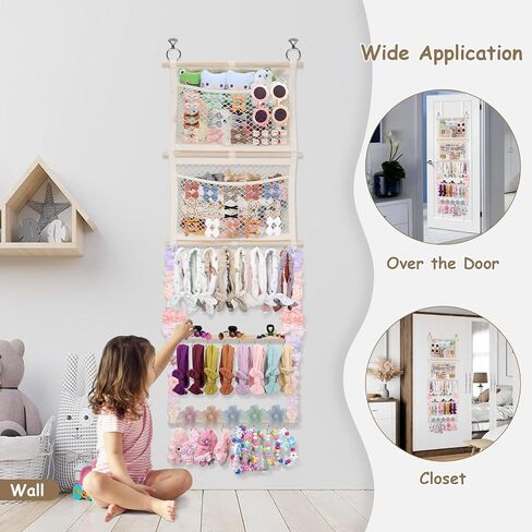 Headband Holder, 17x50in Bow Holder W/ 2 Mesh Pockets & 24 Metal Hooks, Bow Organizer for Girls Hair Clip Jewerly, Wall Hanging Hair Accessories Storage Hanger for Baby Toddler Nursery Decor(Beige) in Saudi Arabia