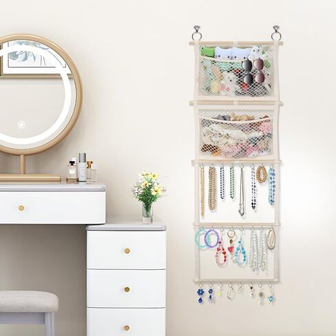 Headband Holder, 17x50in Bow Holder W/ 2 Mesh Pockets & 24 Metal Hooks, Bow Organizer for Girls Hair Clip Jewerly, Wall Hanging Hair Accessories Storage Hanger for Baby Toddler Nursery Decor(Beige) in Saudi Arabia
