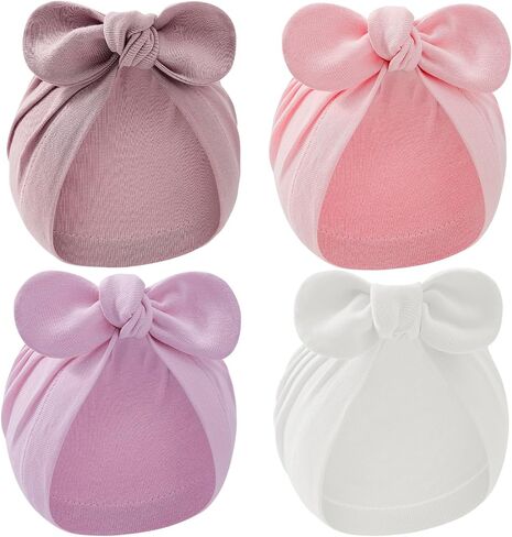 Zando 4PCS Baby Hats with Big Bow Cotton Hat Breathable Newborn Hats for Boys Girls Toddler Hospital Hat Baby Turban 0-2T in Kuwait