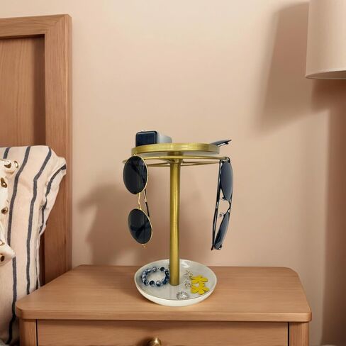Rotating Sunglass Organizer with Ceramic Tray, 360° Rotating Glasses Stand, Sleek Sunglass Holder, Modern Eyeglass Holder Stand for Desk, Dresser, Nightstand & Home Décor(Gold) in Saudi Arabia