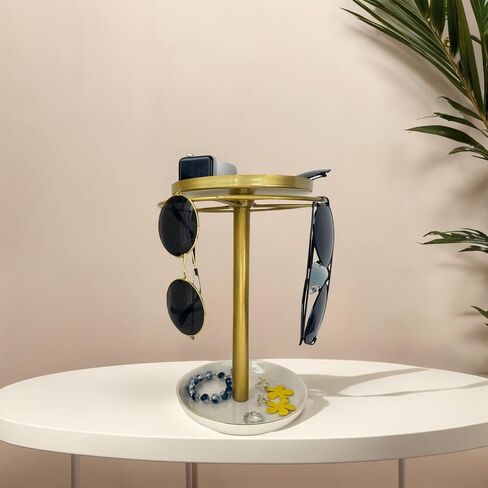 Rotating Sunglass Organizer with Ceramic Tray, 360° Rotating Glasses Stand, Sleek Sunglass Holder, Modern Eyeglass Holder Stand for Desk, Dresser, Nightstand & Home Décor(Gold) in Saudi Arabia
