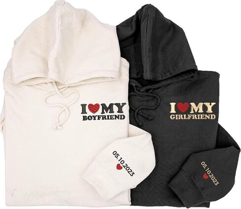 GODMERCH Custom Embroidered I Love My Girl Friend and Boy Friend Sweatshirt & Hoodie, Custom Name Couple On Sleeve With Heart in Kuwait