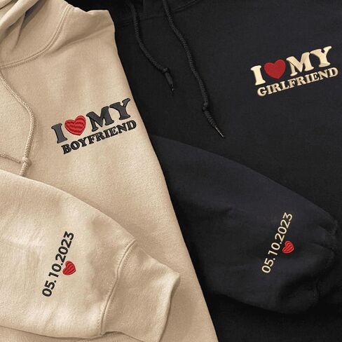 GODMERCH Custom Embroidered I Love My Girl Friend and Boy Friend Sweatshirt & Hoodie, Custom Name Couple On Sleeve With Heart in Kuwait