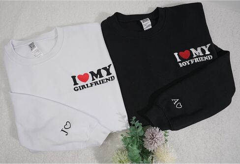 GODMERCH Custom Embroidered I Love My Girl Friend and Boy Friend Sweatshirt & Hoodie, Custom Name Couple On Sleeve With Heart in Kuwait