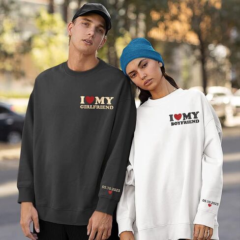 GODMERCH Custom Embroidered I Love My Girl Friend and Boy Friend Sweatshirt & Hoodie, Custom Name Couple On Sleeve With Heart in Kuwait