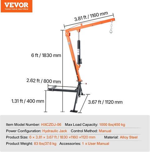 VEVOR Electric Pickup Truck Crane, 1100 lbs, Folding Truck-Mounted Bed Crane with Electric Winch 3500 lbs, Steel Pickup Truck Jib Crane Hoist 360° Swivel for Lifting Goods in Construction, Factory in Saudi Arabia