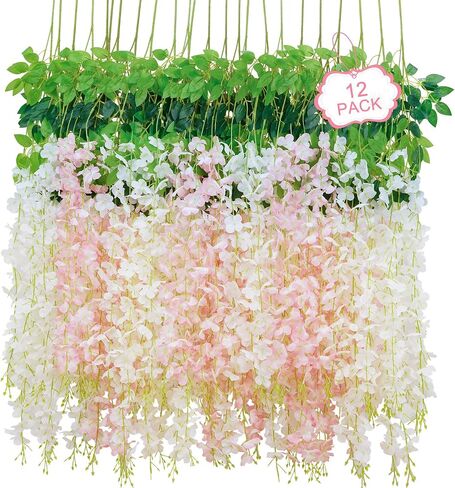 12Pcs Artificial Wisteria Hanging Flowers, 3.6Ft/Pcs White & Pink Fake Wisteria Garland for Wedding Party Home Garden Indoor Outdoor Decoration in Saudi Arabia