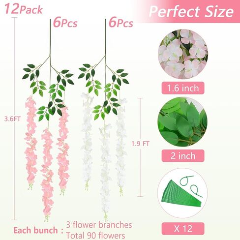 12Pcs Artificial Wisteria Hanging Flowers, 3.6Ft/Pcs White & Pink Fake Wisteria Garland for Wedding Party Home Garden Indoor Outdoor Decoration in Saudi Arabia