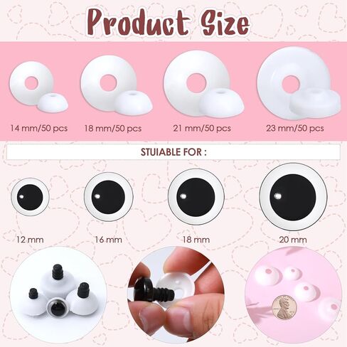 MUCUNNIA 200 قطعة غسالات للعيون الغاطسة لأميجورومي 14-23 مم غسالات بلاستيكية 4 مقاسات عيون حرفية خلفية غاطسة مصممة لعيون السلامة ثلاثية الأبعاد لمحبي الكروشيه الحيوانات المحشوة تيدي بير in Kuwait