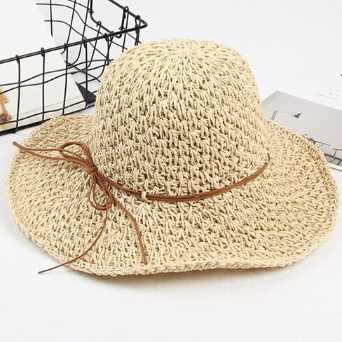 Womens Straw Hat Foldable Floppy Straw Beach Hat Summer Vacation Straw Hat Wide Brim Beach Sun Cap Straw Summer Bucket Hat in Kuwait