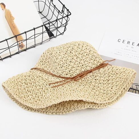 Womens Straw Hat Foldable Floppy Straw Beach Hat Summer Vacation Straw Hat Wide Brim Beach Sun Cap Straw Summer Bucket Hat in Kuwait