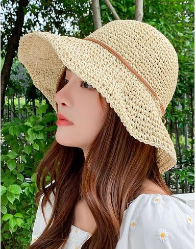 Womens Straw Hat Foldable Floppy Straw Beach Hat Summer Vacation Straw Hat Wide Brim Beach Sun Cap Straw Summer Bucket Hat in Kuwait