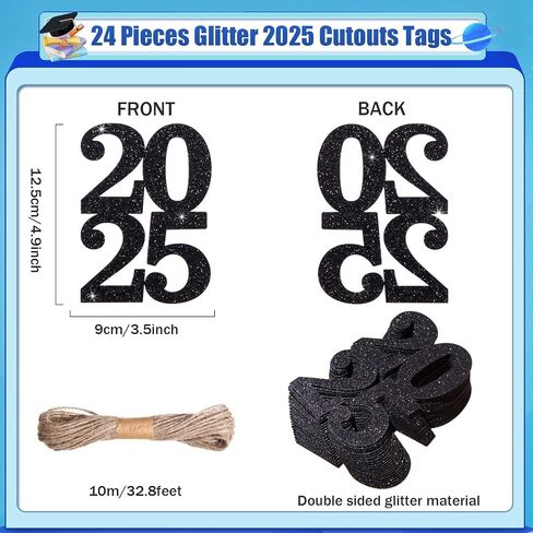 24 قطعة GLITER 2025 علامات الزخارف المزدوجة الجانب 2025 تقاطعات التخرج 2025 محور التخرج 2025 ديكورات السنة الجديدة لمستلزمات حفلات رأس السنة الجديدة (الذهب ، 2025) in Saudi Arabia