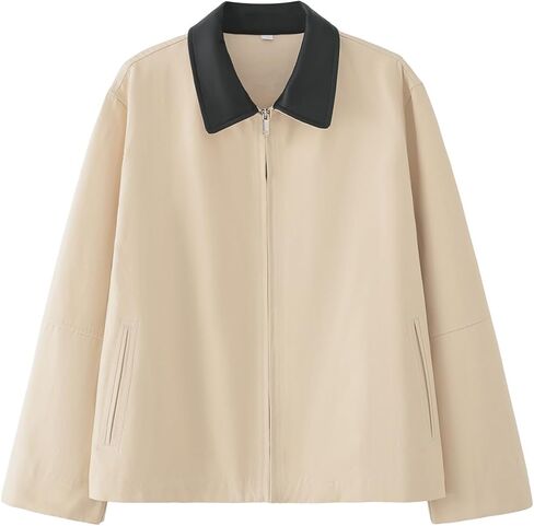 Shiyifa Womens Cropped Barn Jacket Contrast Collar Canvas Jackets Lightweight Utility Coat with Pockets in Saudi Arabia